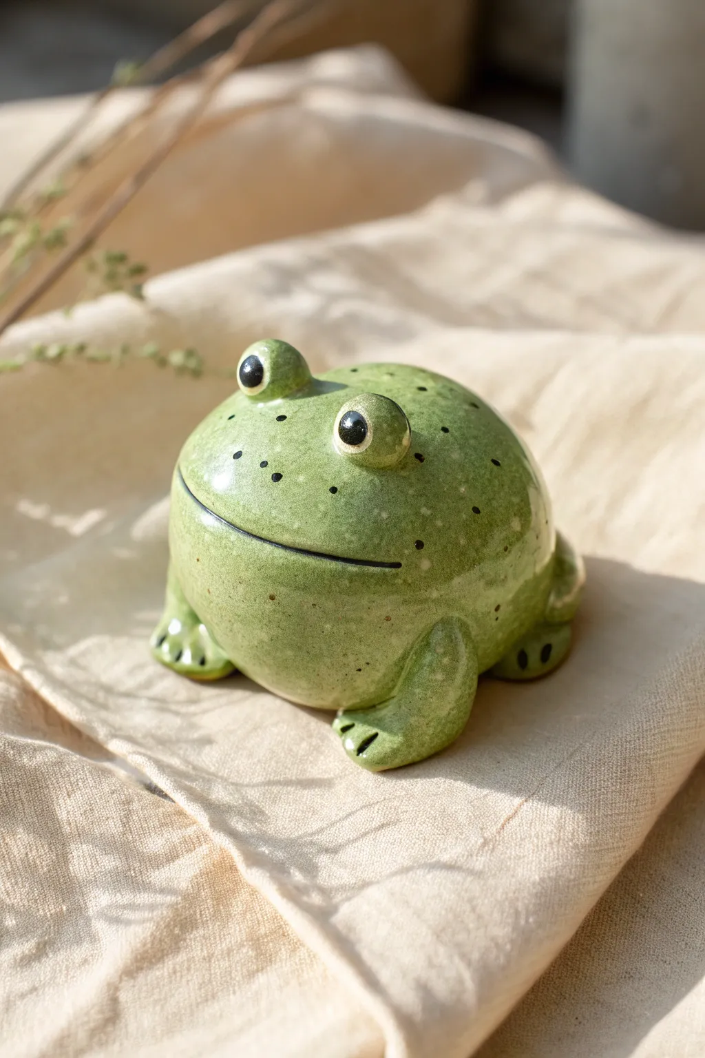Chubby green frog clay rattle with simple eyes and tiny legs, minimalist and sweet