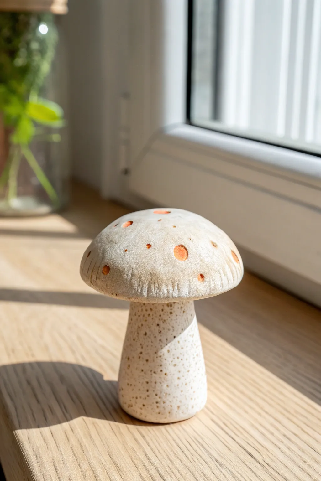 Tiny speckled clay mushroom in soft neutrals, a minimalist boho desk companion with cozy contrast.