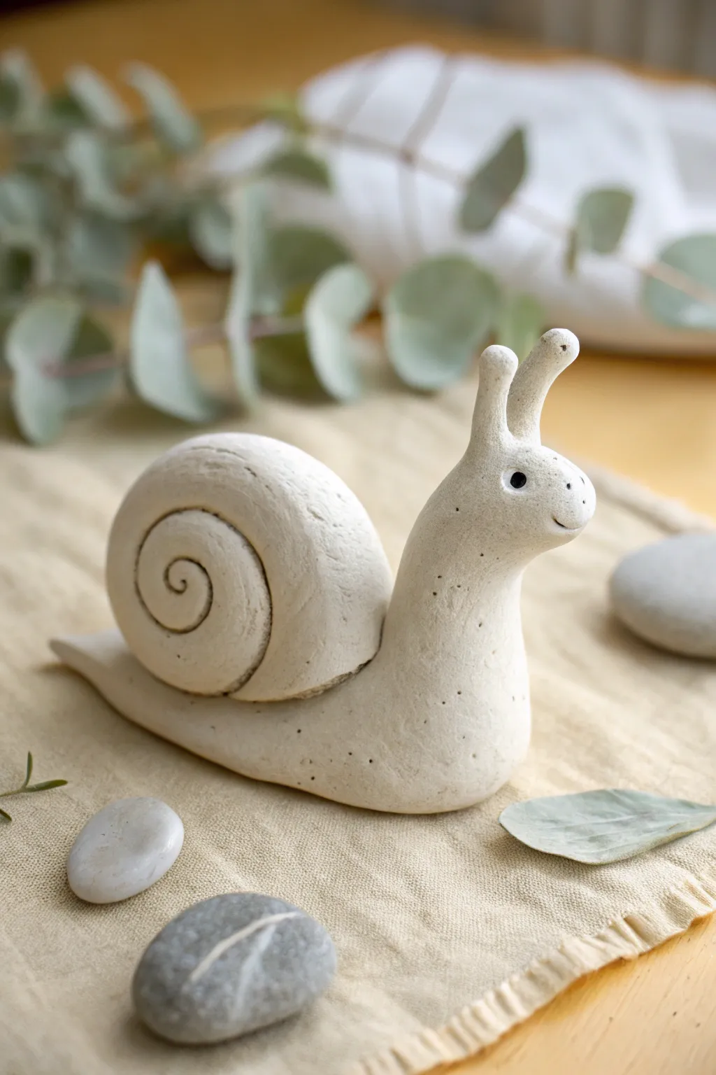 Simple coil-shell clay snail with tiny eye stalks—minimal, boho, and beginner friendly.