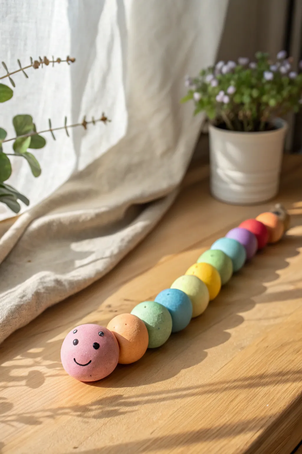 Sweet rainbow clay caterpillar: simple ball sculpture kids can make in minutes, Pinterest-ready.