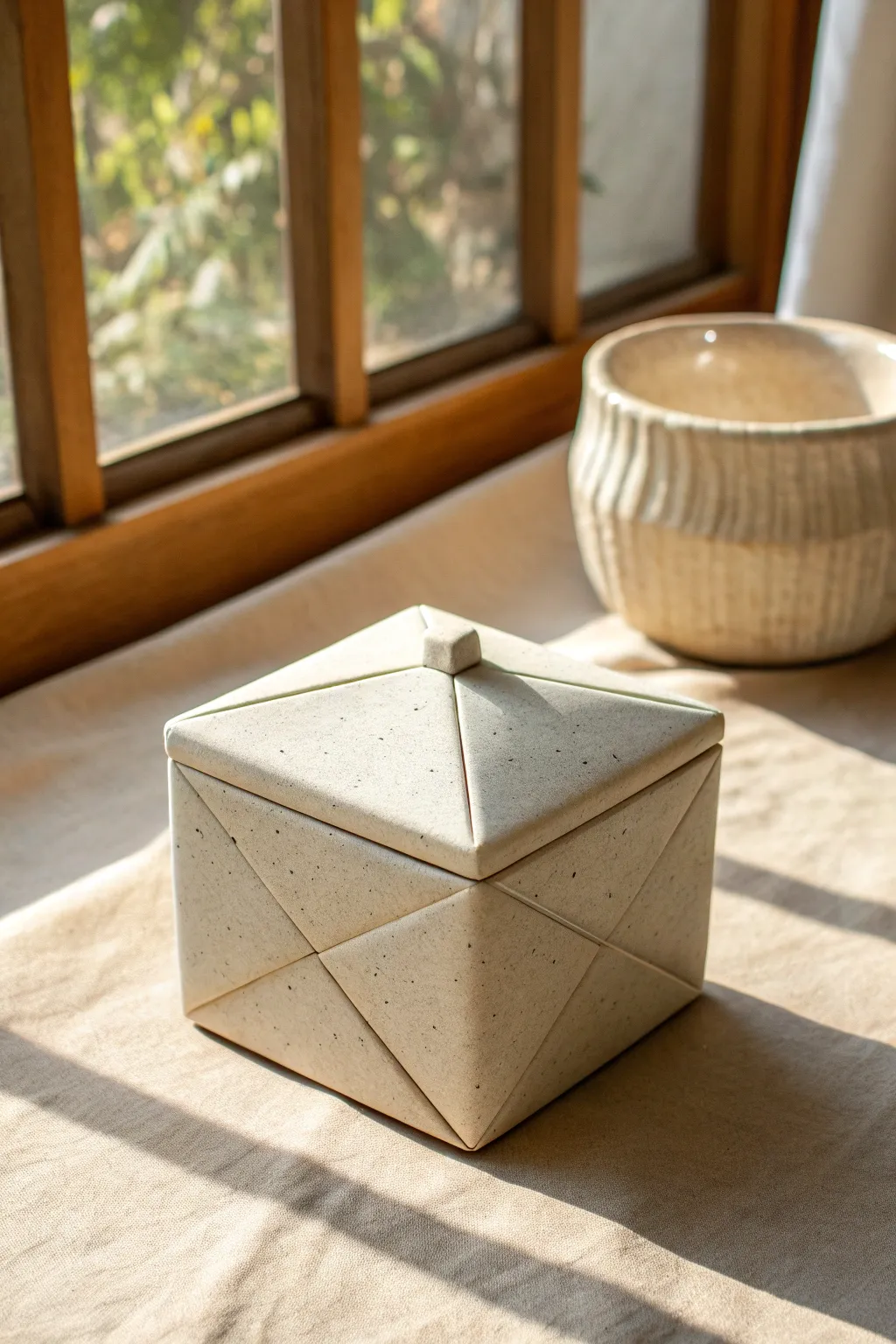 Beginner-friendly one-slab folded clay box with matching lid, minimalist and softly speckled.
