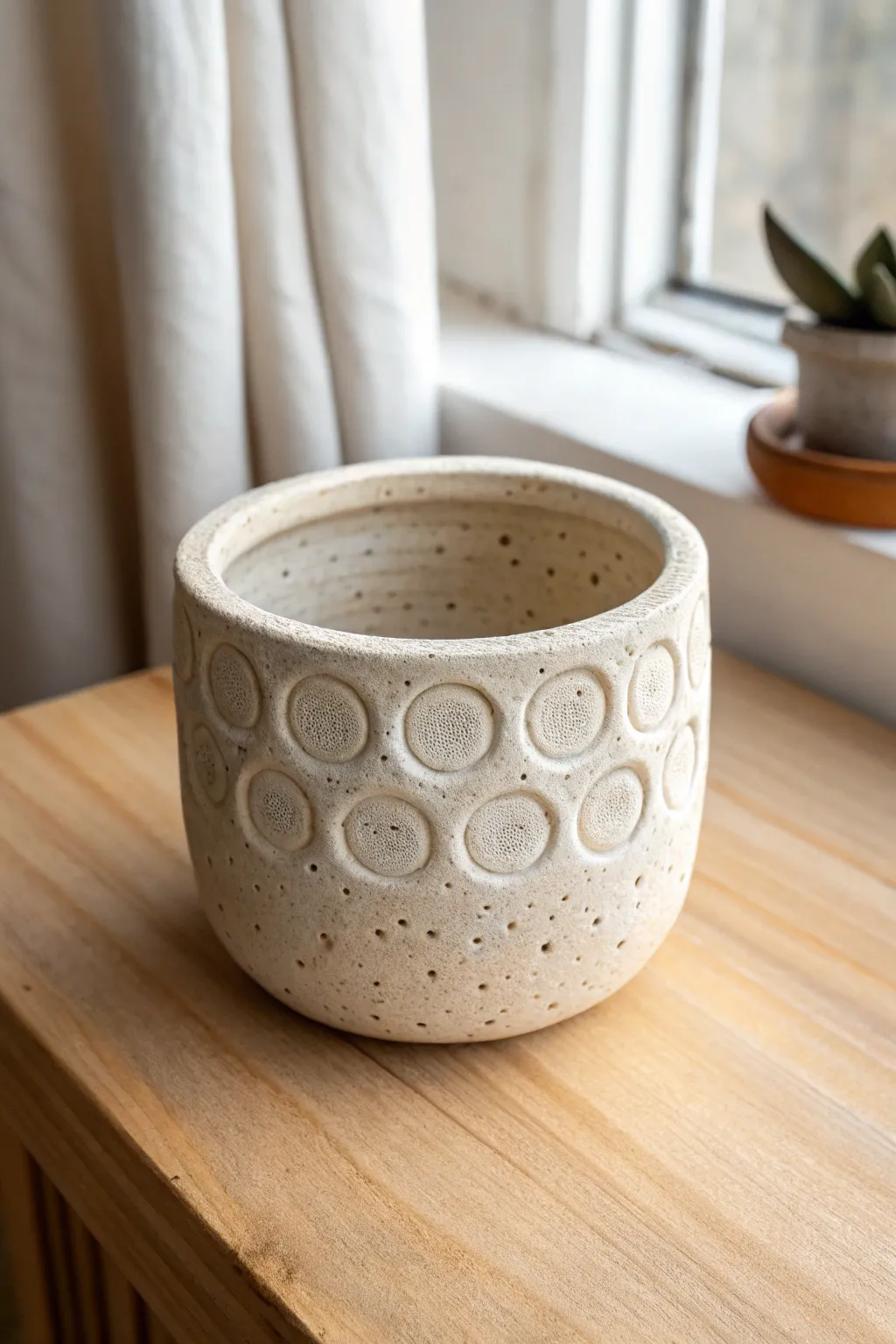 Playful concentric bubble stamps transform a simple pinch pot into a chic textured planter.