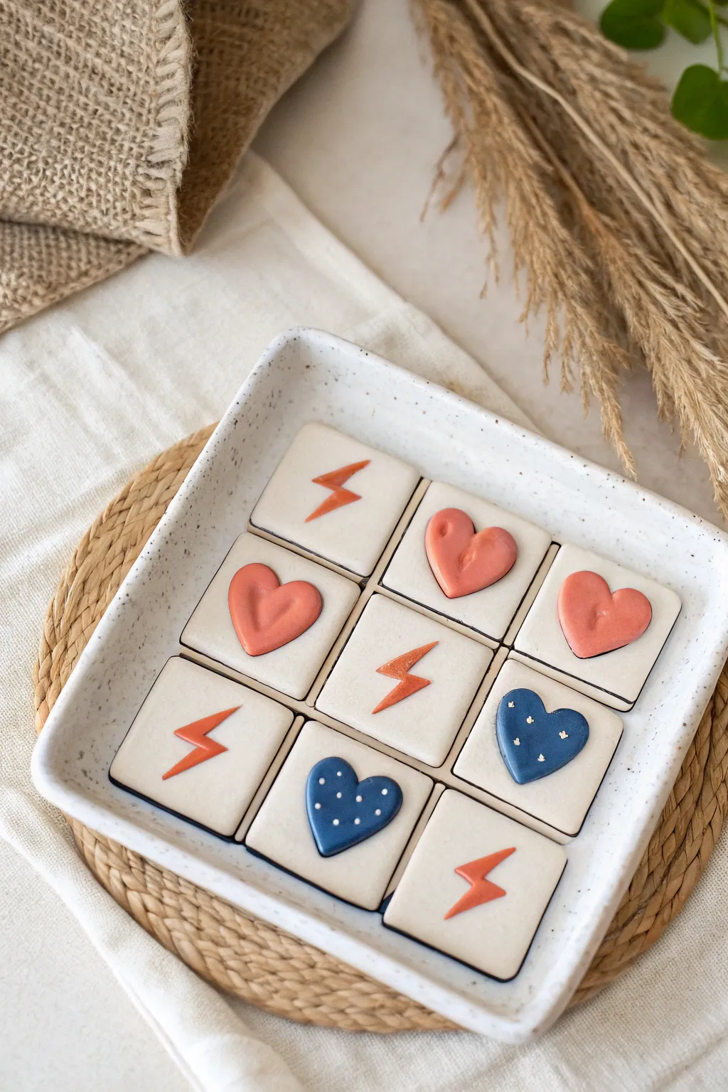 Sweet hearts vs bold lightning bolts, a chic clay tic tac toe board with crisp contrast and charm