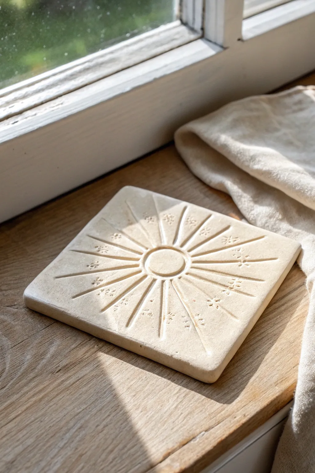 Simple sunburst sgraffito tile with clean incised lines for an easy, minimalist clay project
