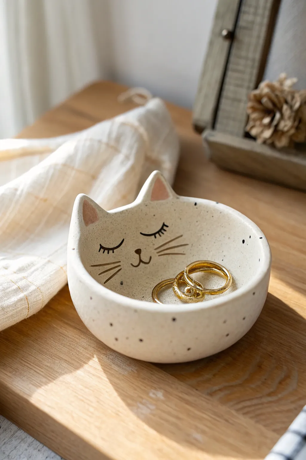 Tiny cat pinch pot trinket bowl that holds rings, in soft Scandinavian minimal boho styling.
