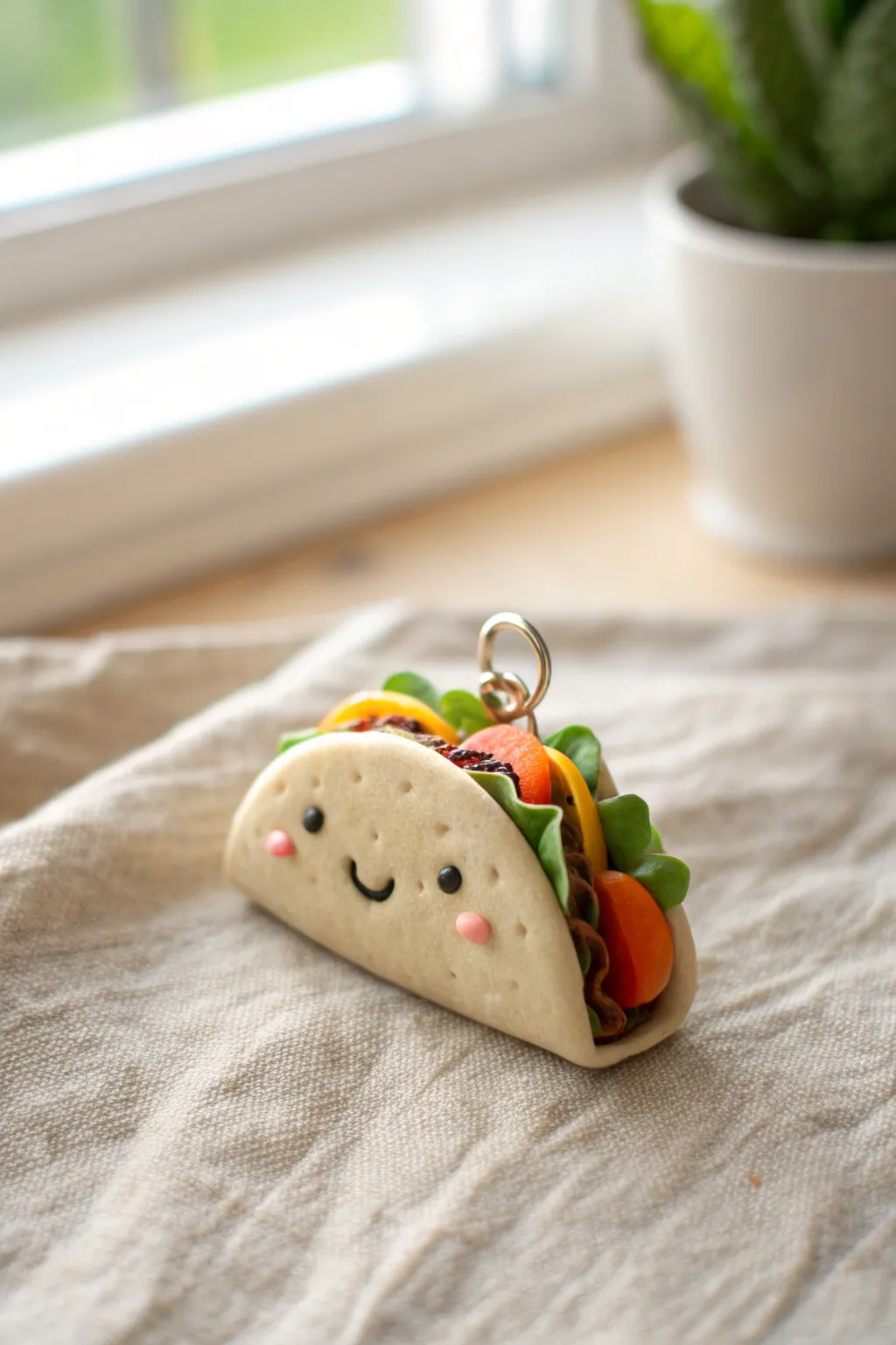 Simple taco cutie in clay, with clean stripes of fillings and a sweet smile for instant charm