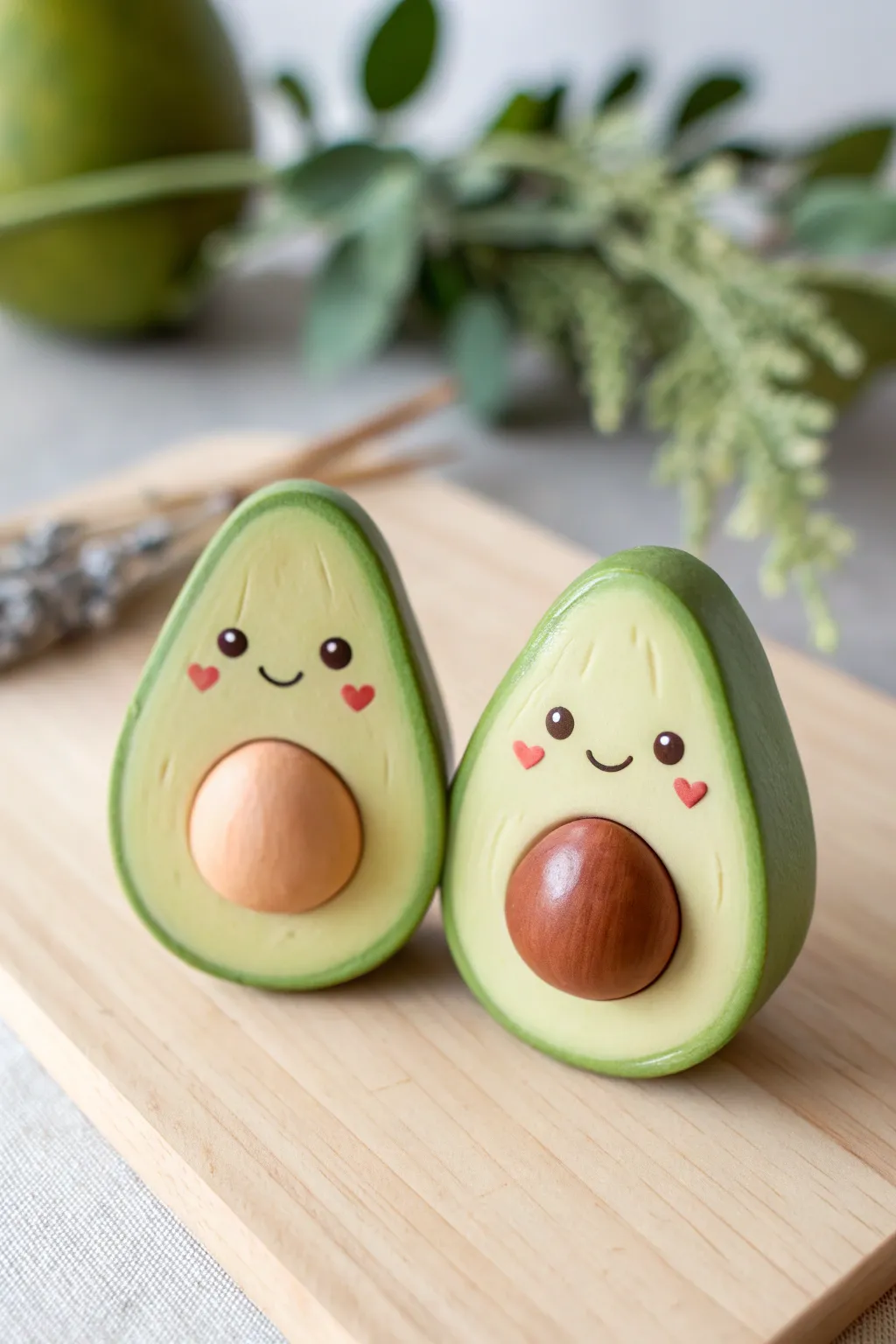 Chunky polymer clay avocado besties, simple kawaii smiles in a calm Scandinavian boho scene.