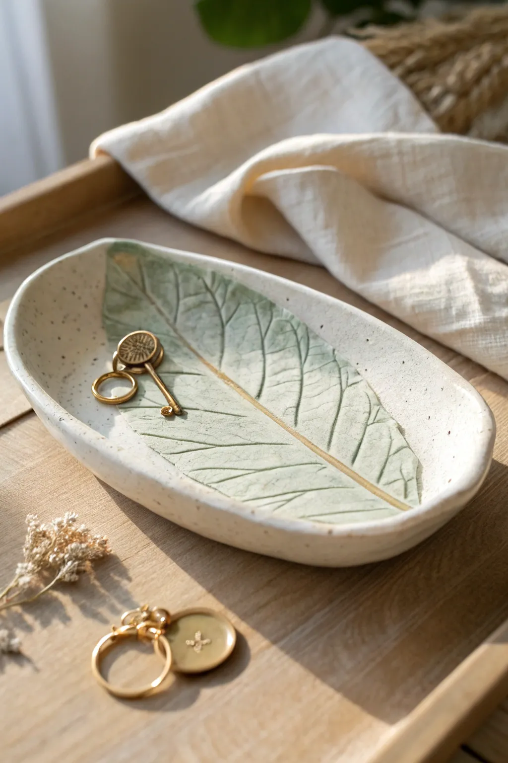 Minimal leaf-shaped clay catchall with soft sage wash, perfect for keys and earrings