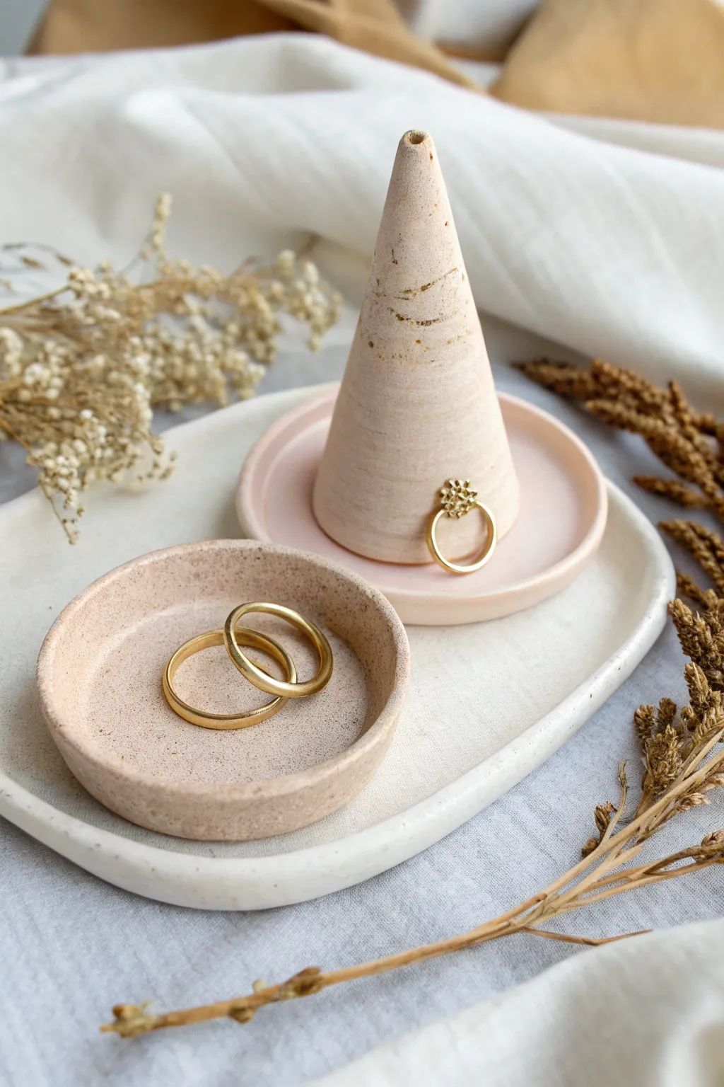 Minimal clay ring cone with matching dish, glossy finish, pretty storage for everyday rings.