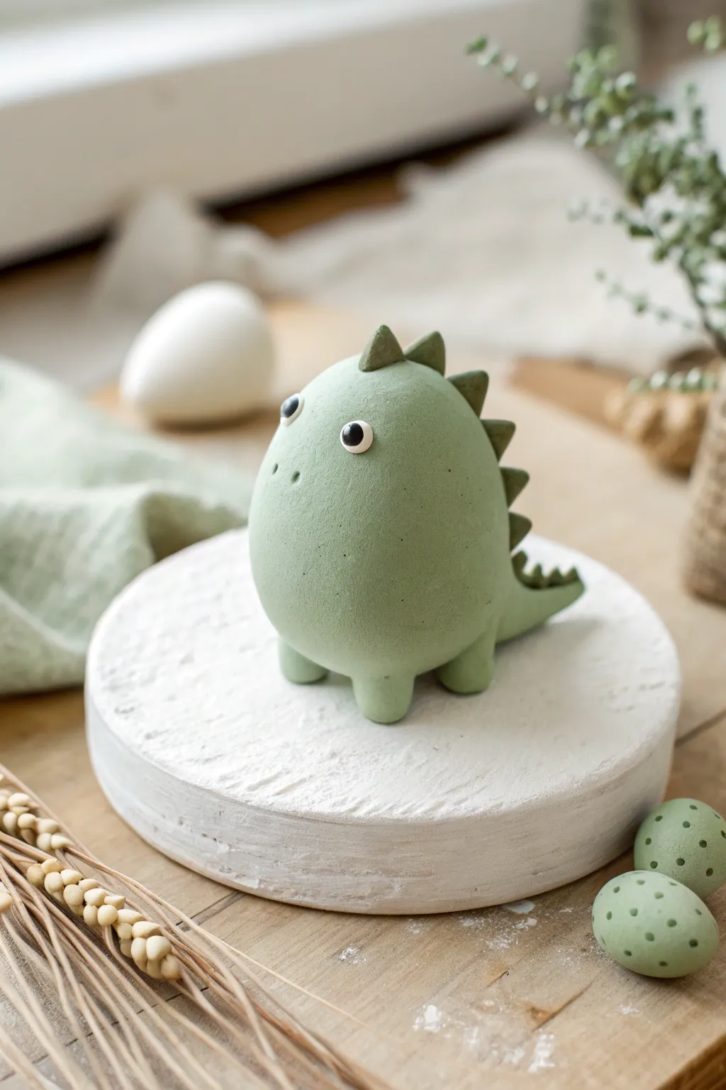 Round-bodied clay dino with tiny legs and simple spikes, a super easy beginner pottery figure