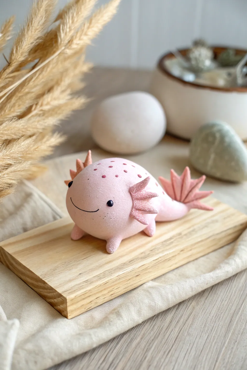 Tiny pastel clay axolotl desk buddy, minimalist and sweet with soft boho Scandinavian vibes.