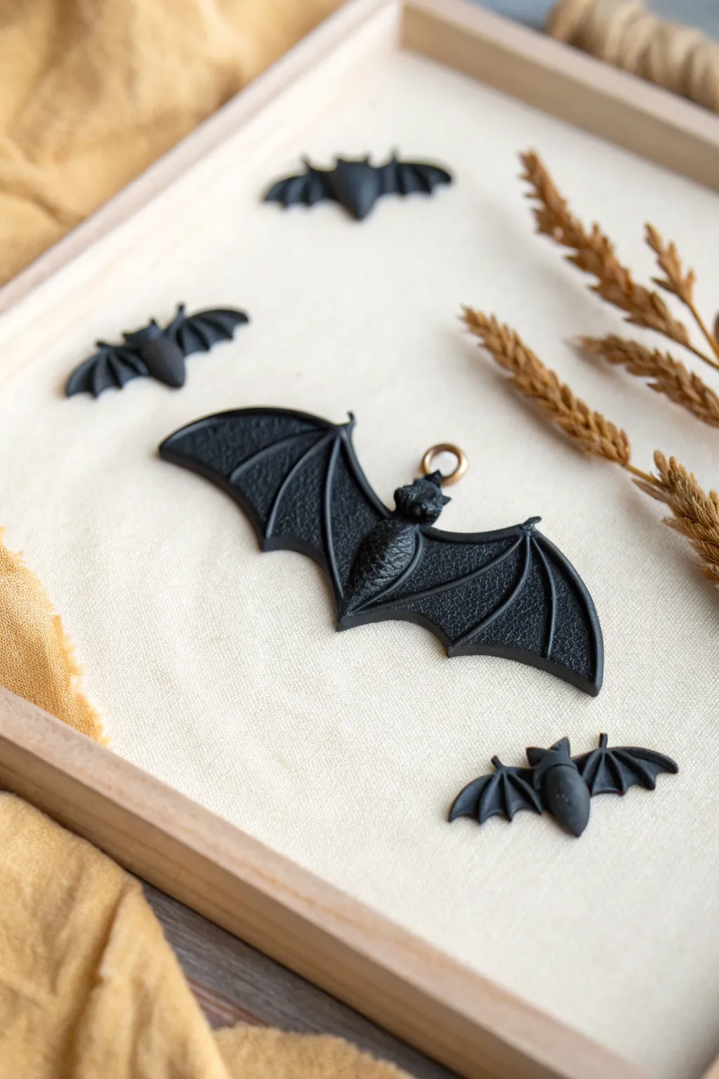Easy black polymer clay bat wing charm with minimalist boho styling, perfect for Halloween DIY.
