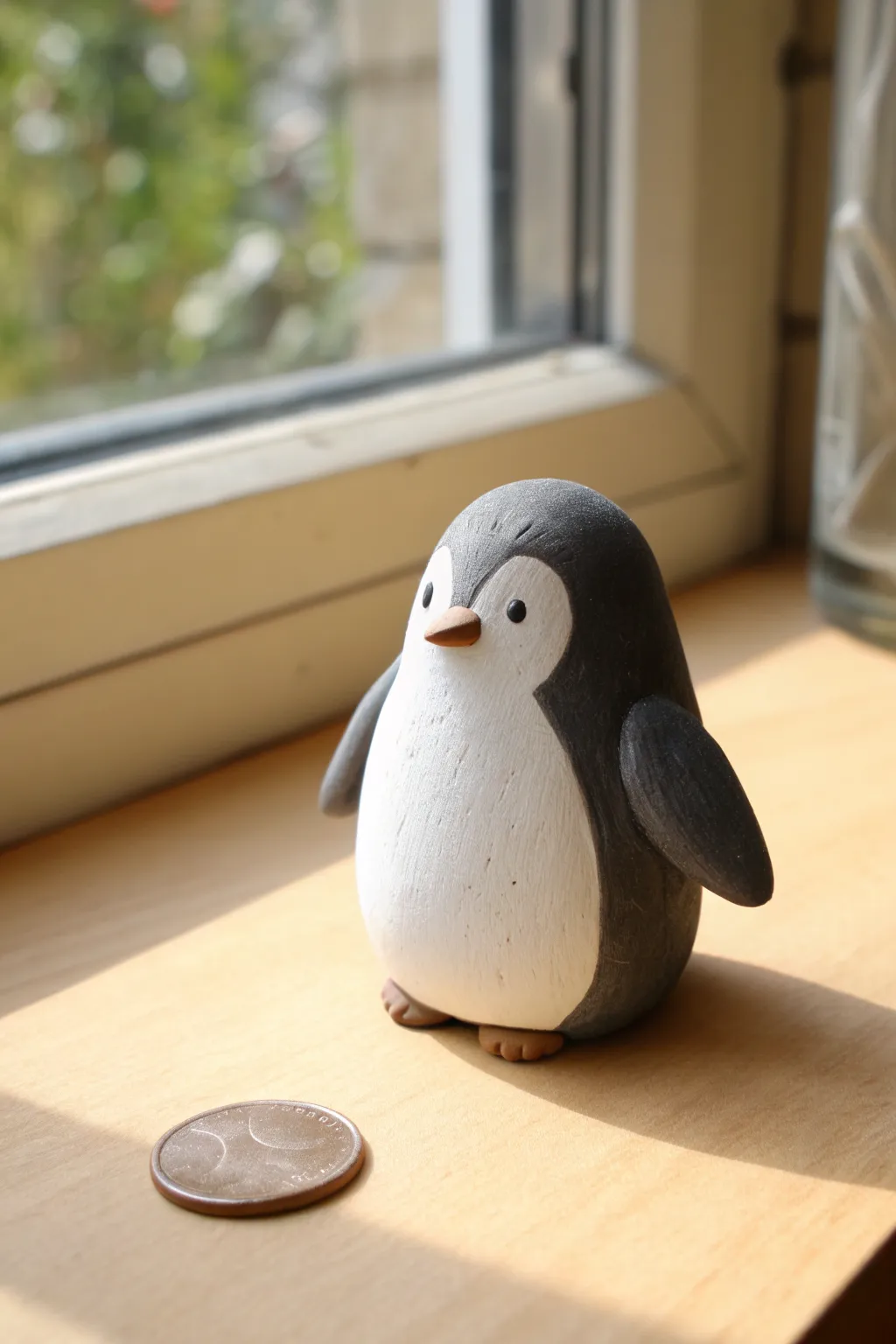 Chubby little clay penguin figurine with a clean belly patch, styled minimally with a coin for scale.