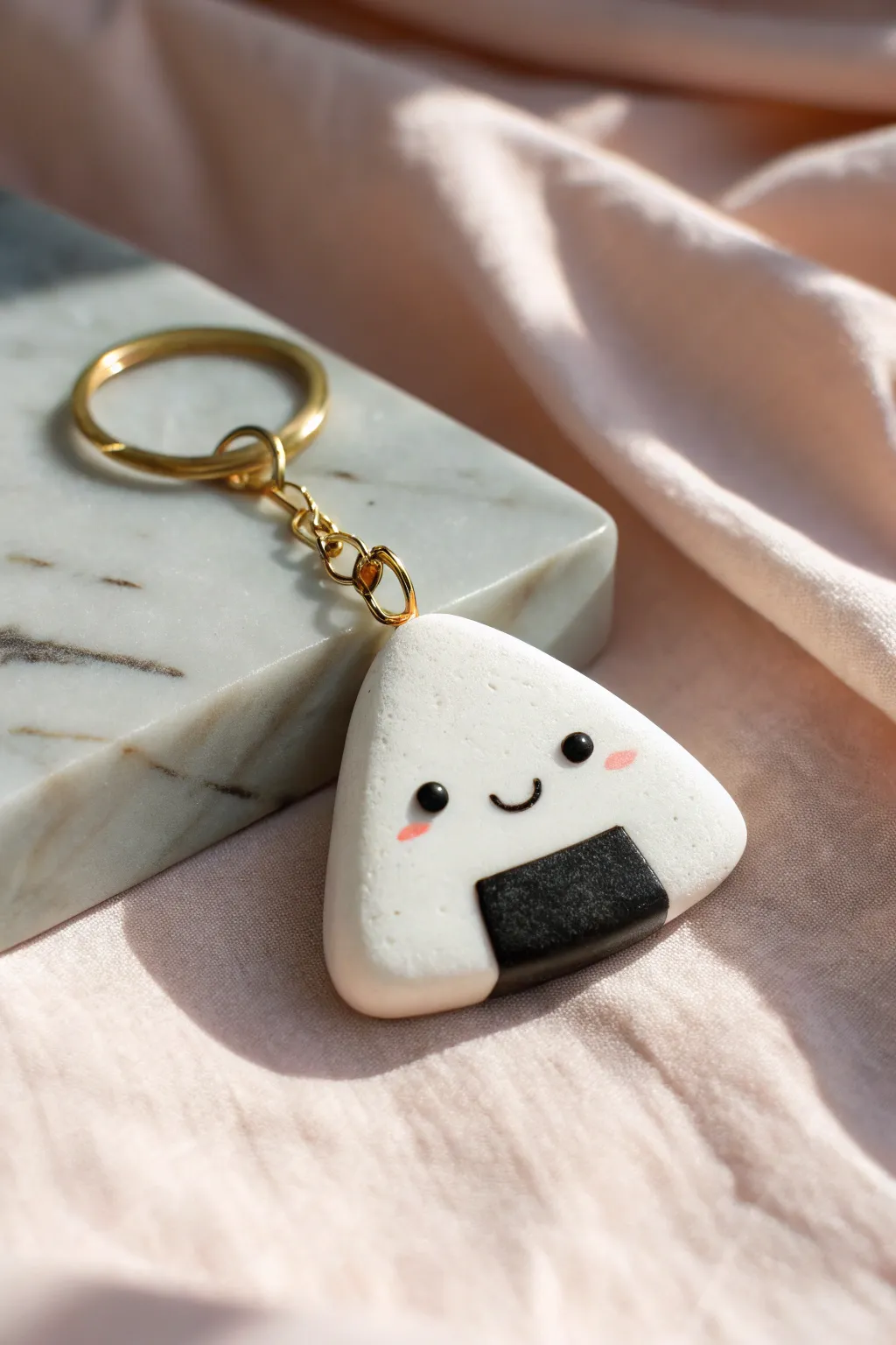 Minimal onigiri triangle buddy charm in matte clay, sweet face and bold wrap on blush pastel.