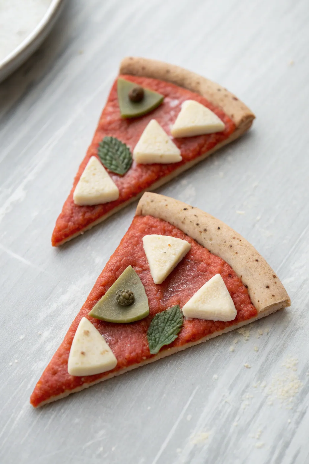 Minimal polymer clay pizza slice magnets with soft boho tones on a sleek stainless fridge