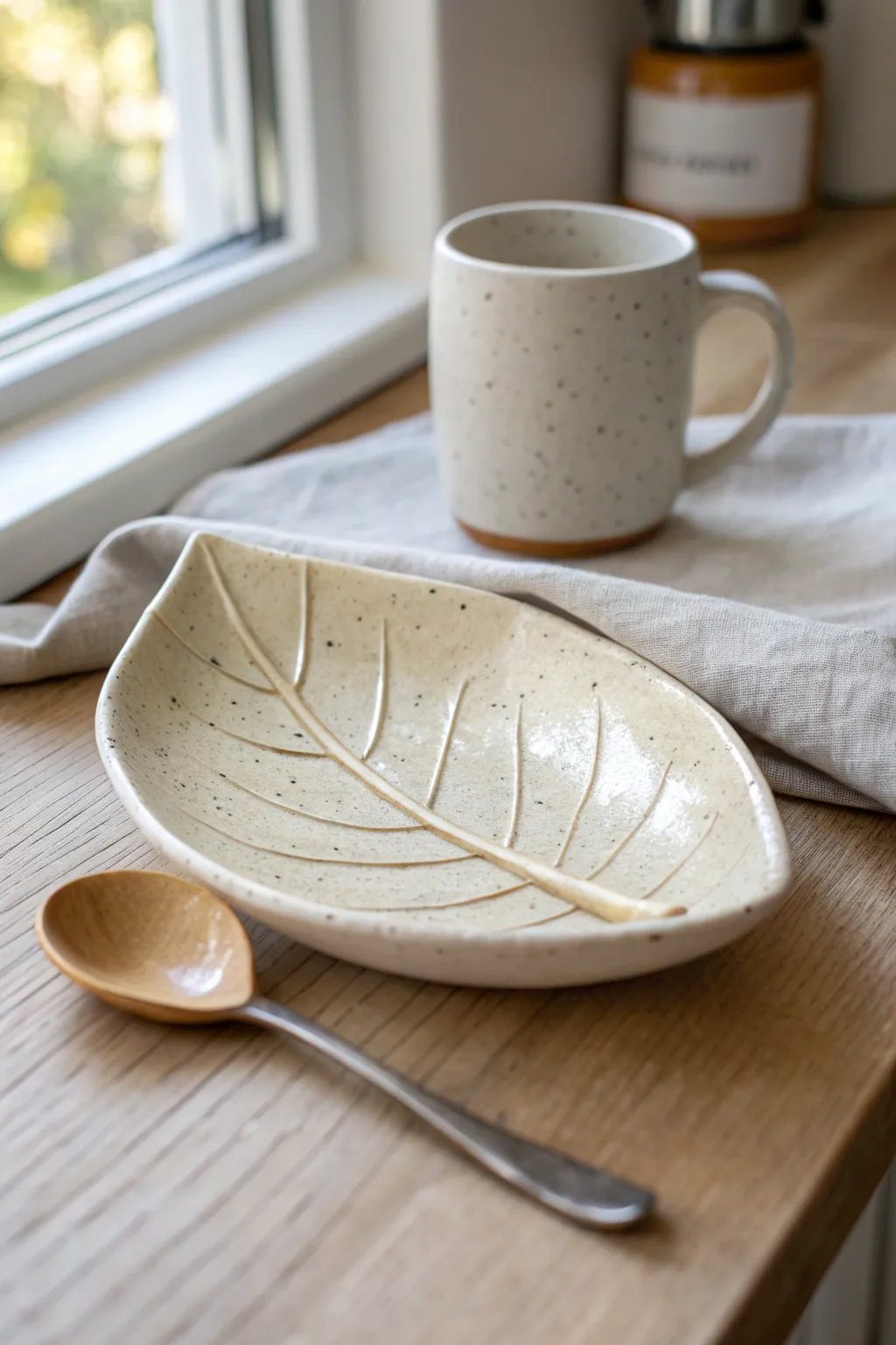 A leaf-shaped spoon rest in speckled ivory keeps your counter calm and beautifully tidy.