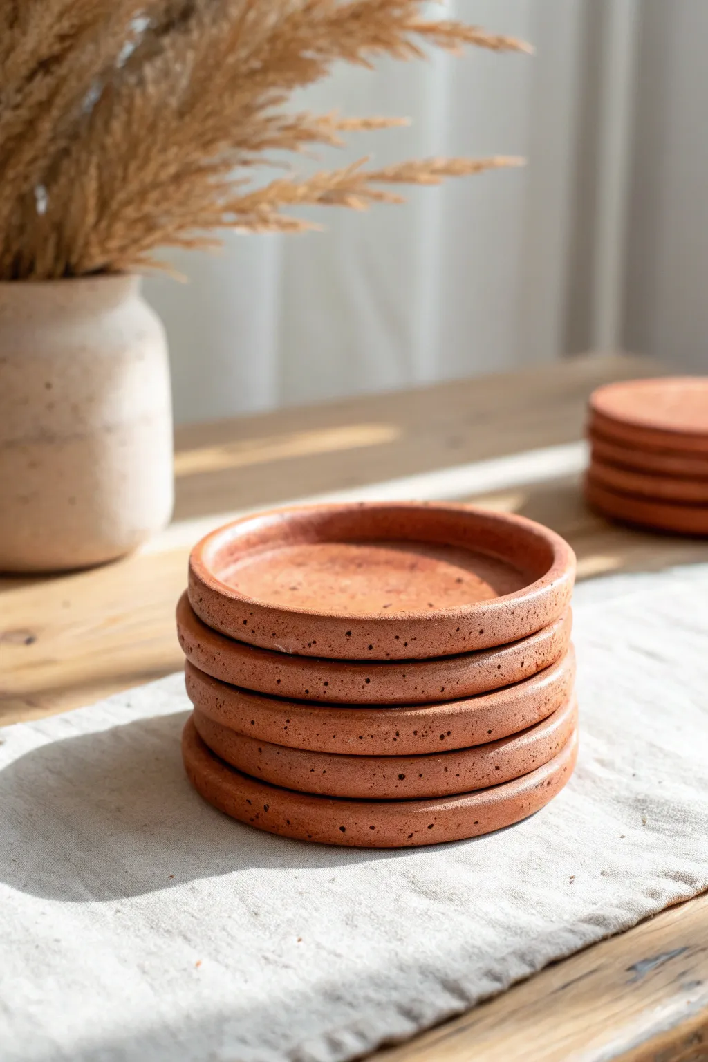 Simple red clay coasters with soft texture and clean edges, styled in warm minimalist tones.