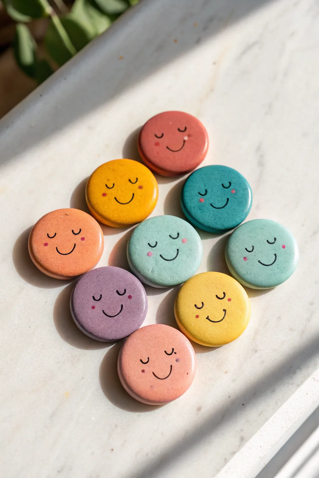 Cute colorful clay face magnets in a tidy minimalist grid, perfect for quick beginner projects.