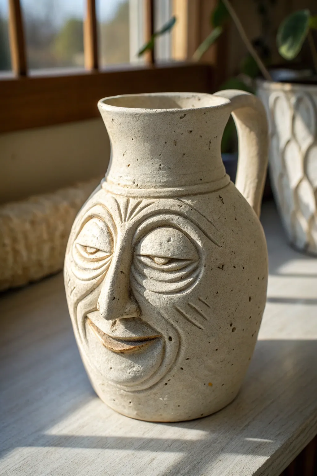 Deeply carved wrinkles create dramatic shadows on this minimalist handmade face jug.