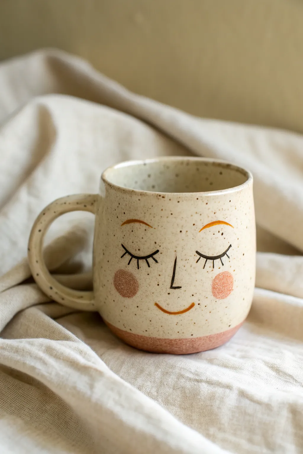 Playful winking face mug in speckled glaze, minimalist and cozy with a soft blush detail