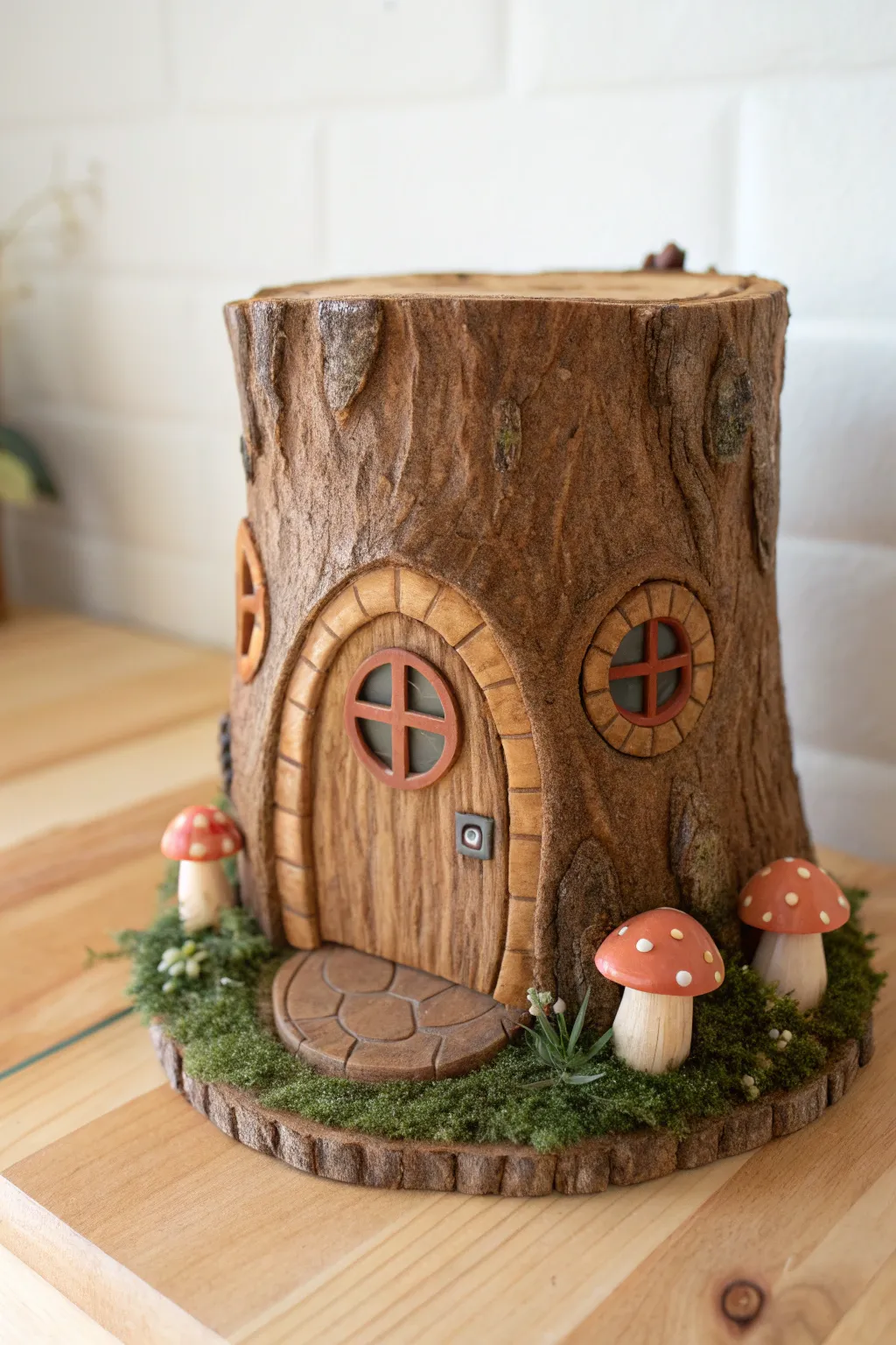 Whimsical clay tree stump fairy cottage with tiny mushrooms, cozy Scandinavian-boho charm.