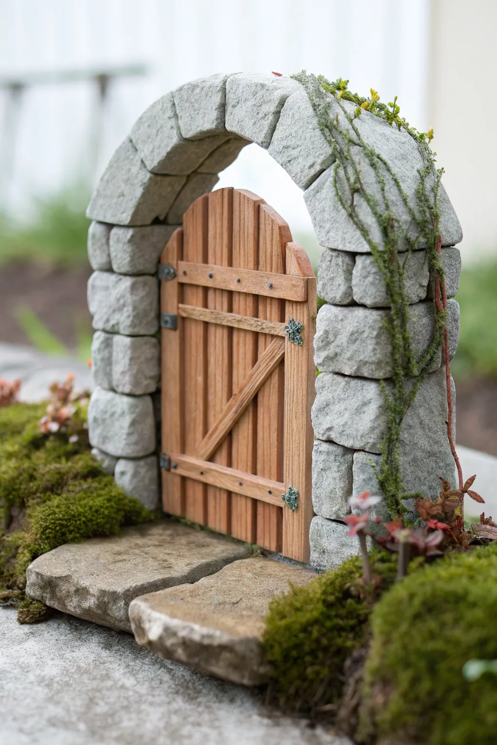 Mini clay fairy garden gate with stone posts and delicate vines for a charming tiny entrance