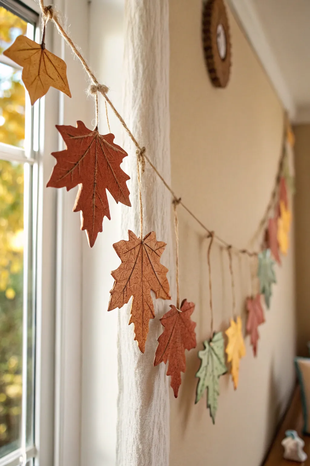Minimalist clay maple leaf garland in warm fall tones with subtle speckles and gold edges