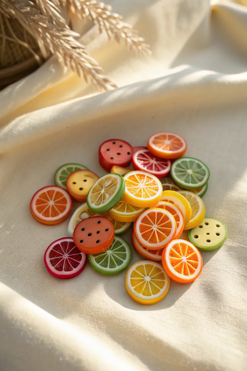 Fruit-slice cane beads in bright citrus and berry tones, ready to string into playful jewelry.
