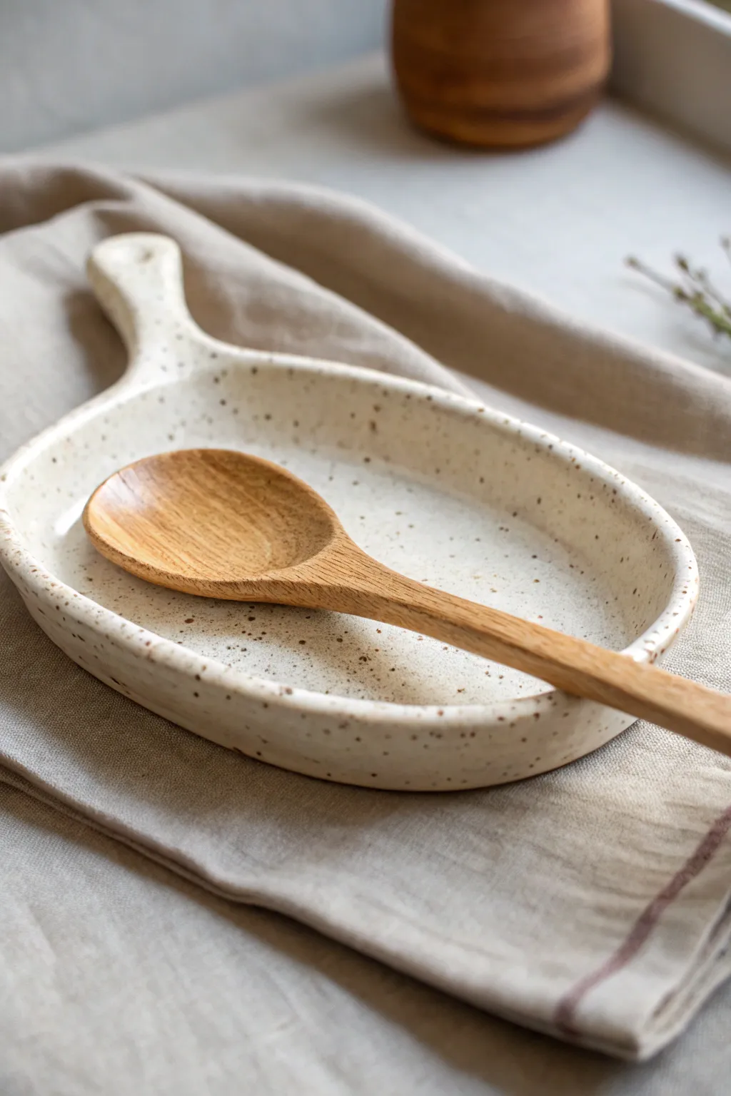 Minimal slab spoon rest with a handle notch, an easy clay project for calm modern kitchens.