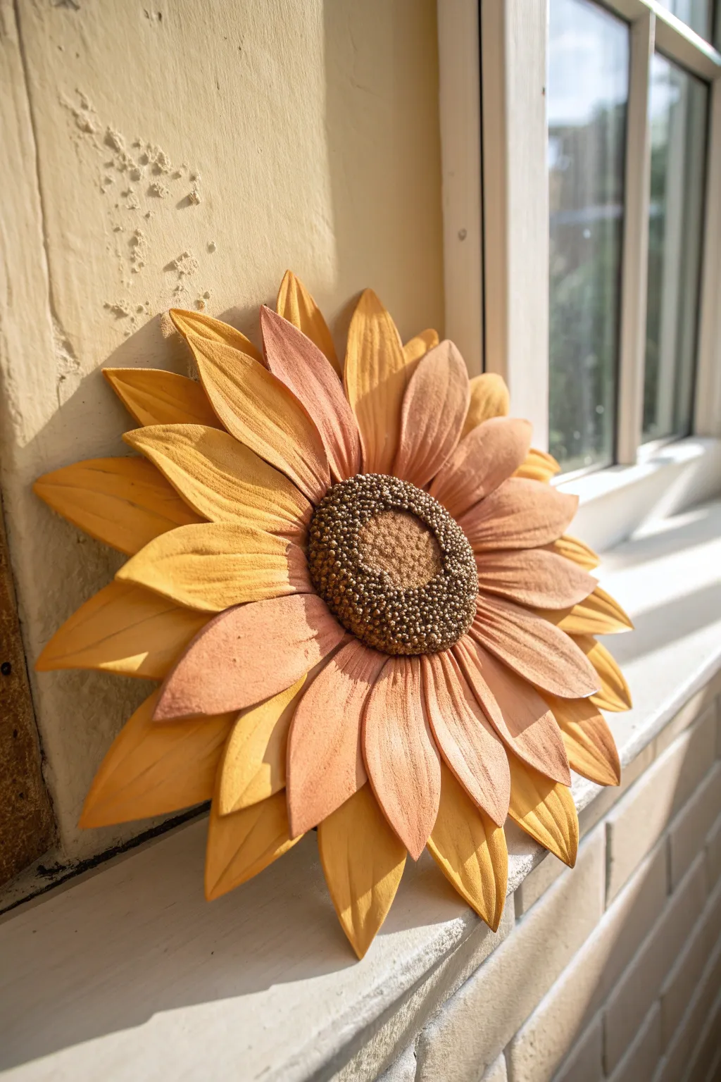 Sunflower clay sculpture with textured seed center, warm petals, minimalist boho styling.