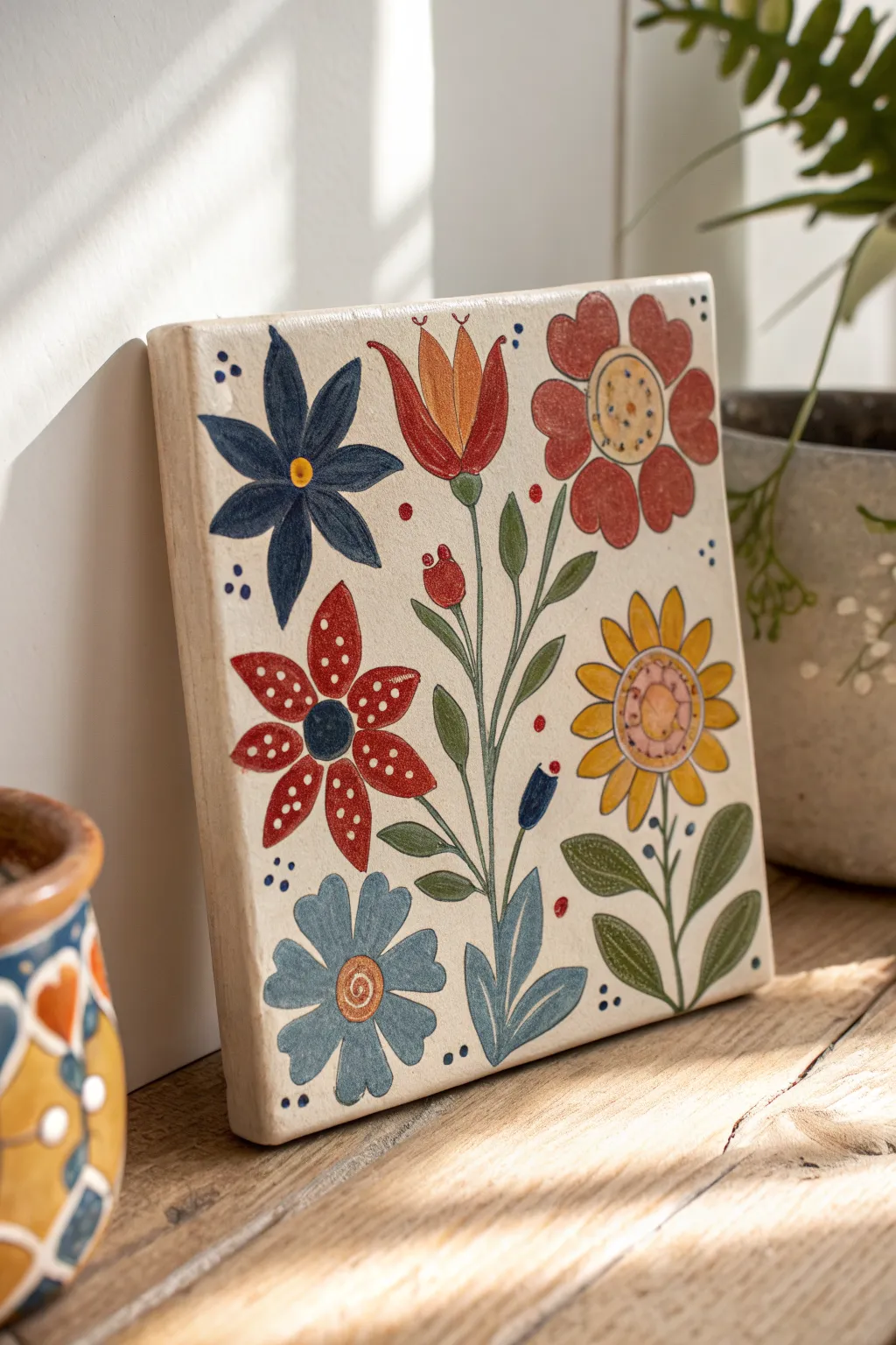Cheerful folk-style flower tile with bold colors and charming hand-painted imperfections.