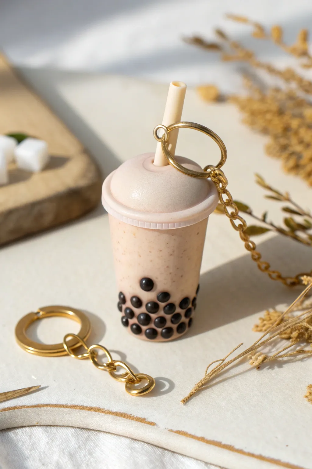 Minimal foam clay boba keychain charm with cute pearls, softly lit on a clean backdrop