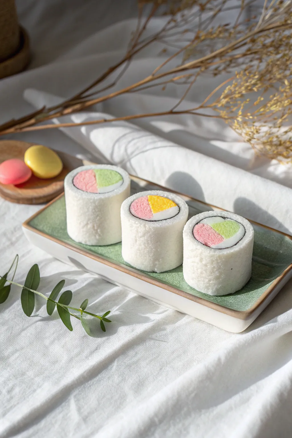 Simple foam clay sushi roll minis in crisp colors, styled on a tiny tray for easy DIY charm.