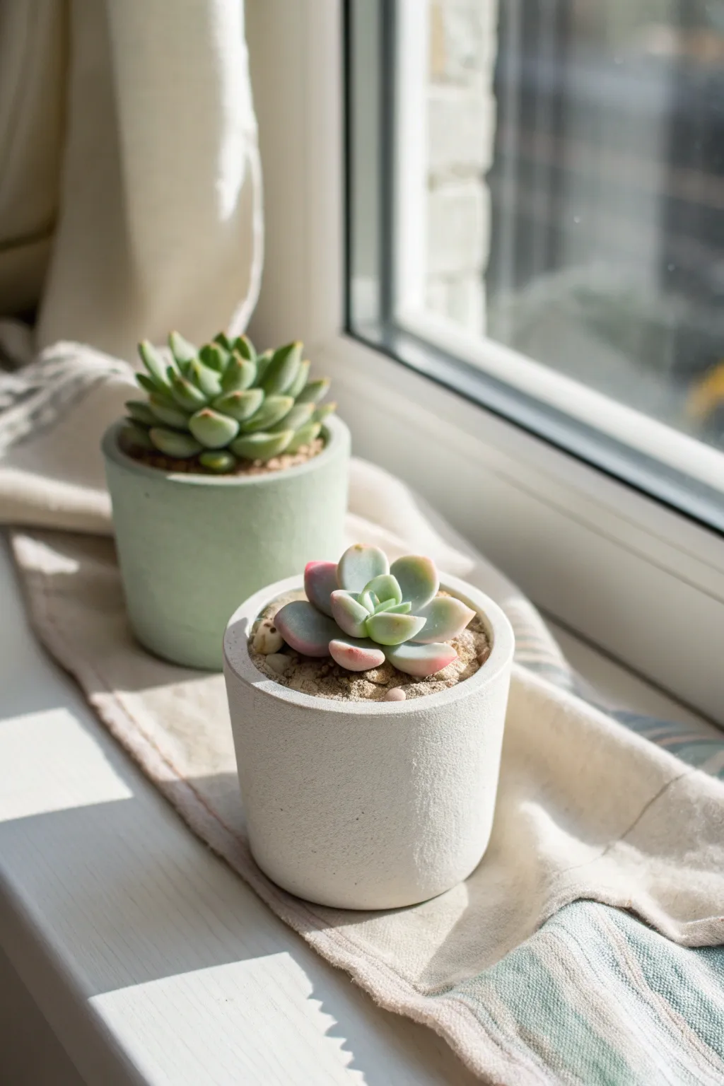 Mini foam clay succulents in a simple pot, bright windowsill styling for beginner-friendly charm
