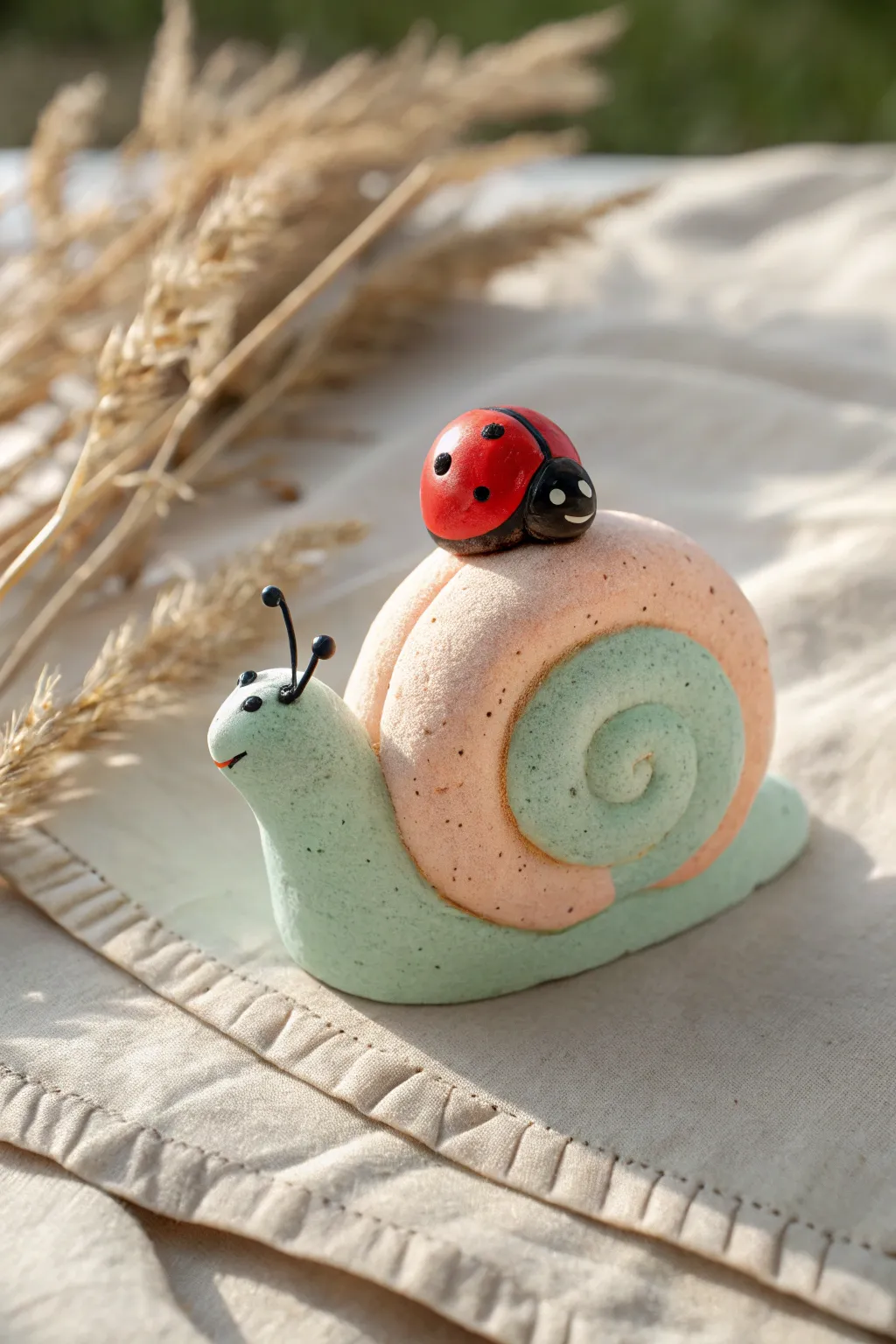 Adorable foam clay snail with a tiny ladybug, perfect garden critter craft for kids