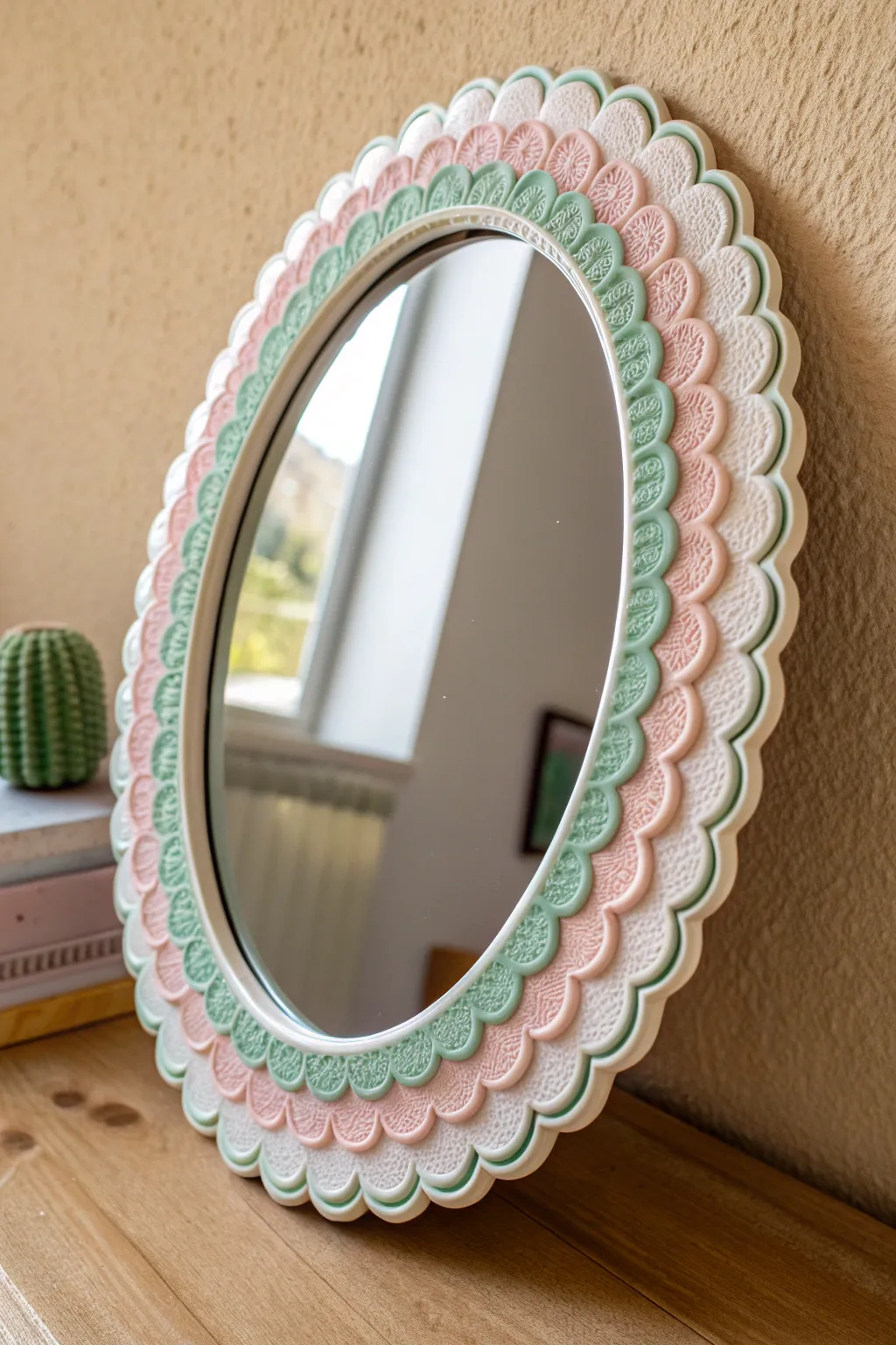 Pastel scallops meet minimal style: a chunky candy edge mirror that brightens any corner.