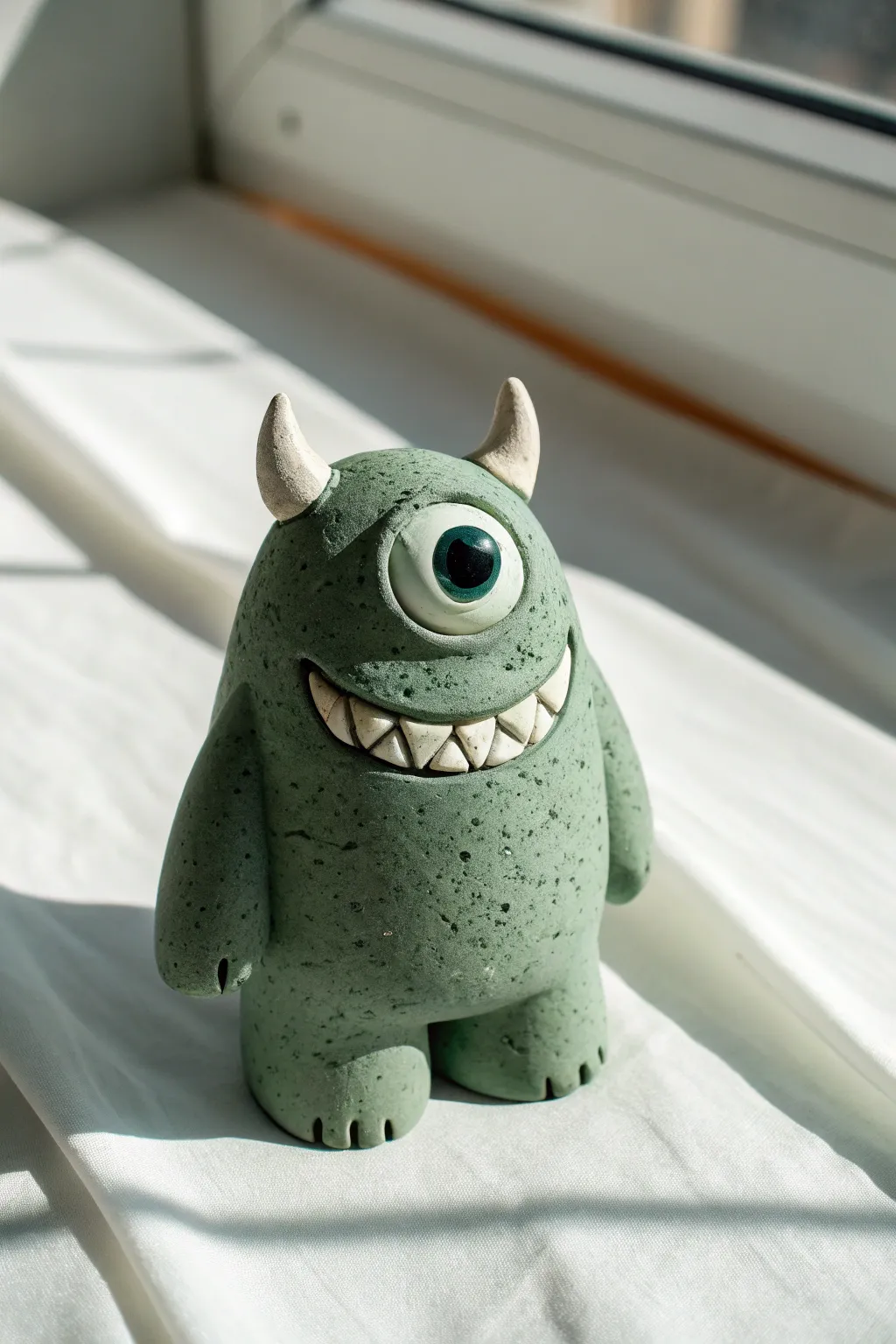 Silly one-eyed clay monster with a giant eye and toothy grin, perfect easy kid project.