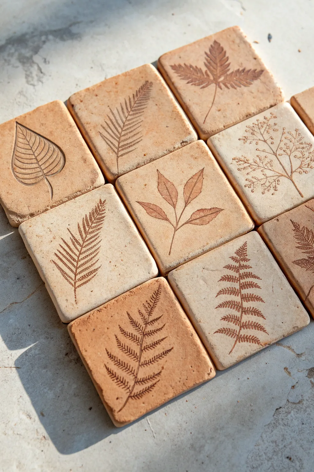 Leaf-imprint forest tiles in warm clay tones, minimalist grid highlighting woodland textures.