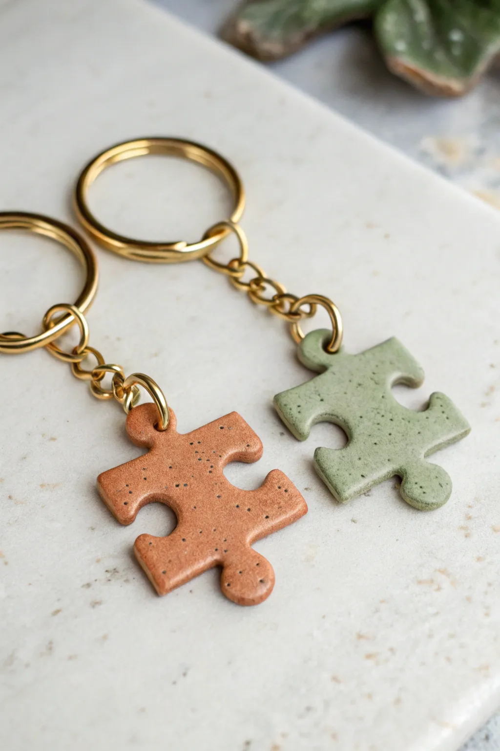Matching puzzle piece clay keychains in warm terracotta and sage, made for best friends.
