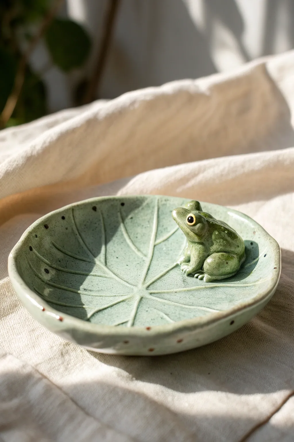 Sweet lily pad frog ring dish in soft sage glaze, minimalist pottery charm for your vanity.