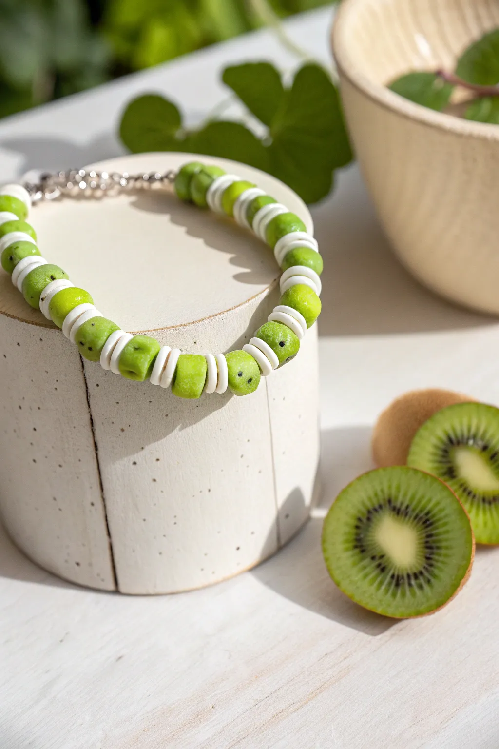 Fresh kiwi slice beads pop against green and white heishis for a crisp, minimal bracelet look