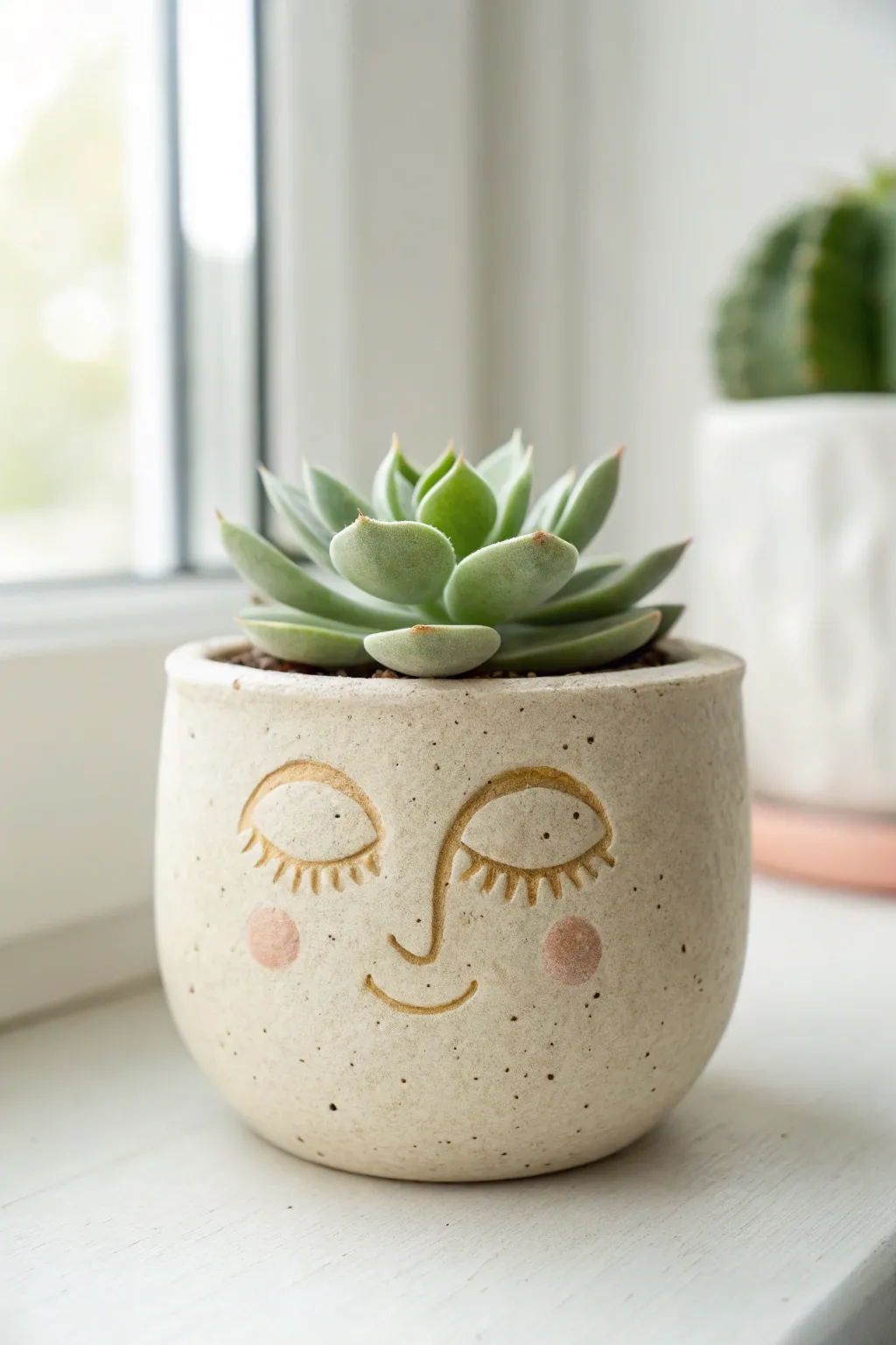 Adorable air dry clay face planter with a tiny succulent, perfect for minimalist boho shelves.