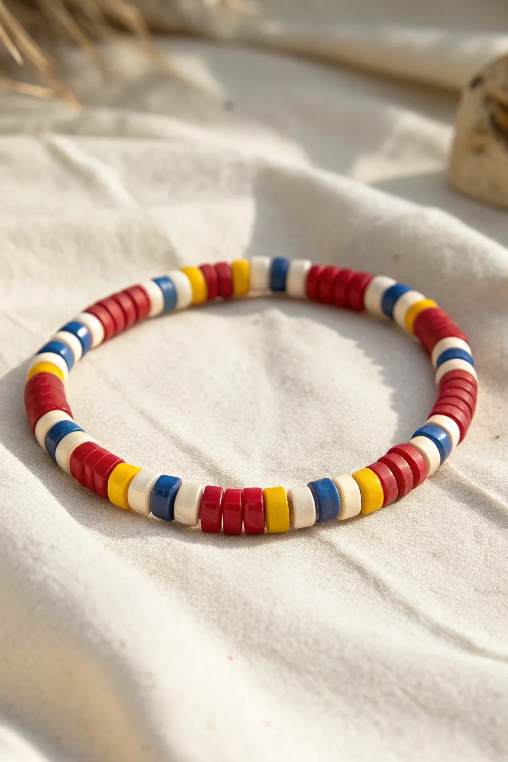 Primary-color heishi bracelet with a bold, graphic rhythm on a clean minimalist backdrop
