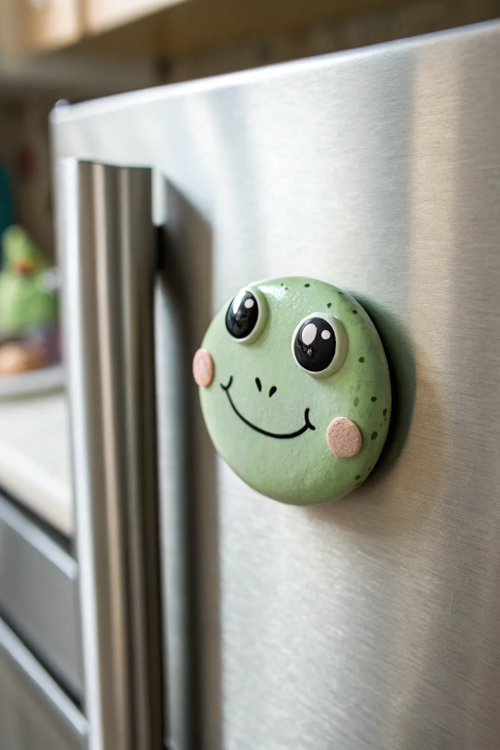 Adorable blob frog magnet with big eyes and a tiny smile, simple polymer clay charm for your fridge