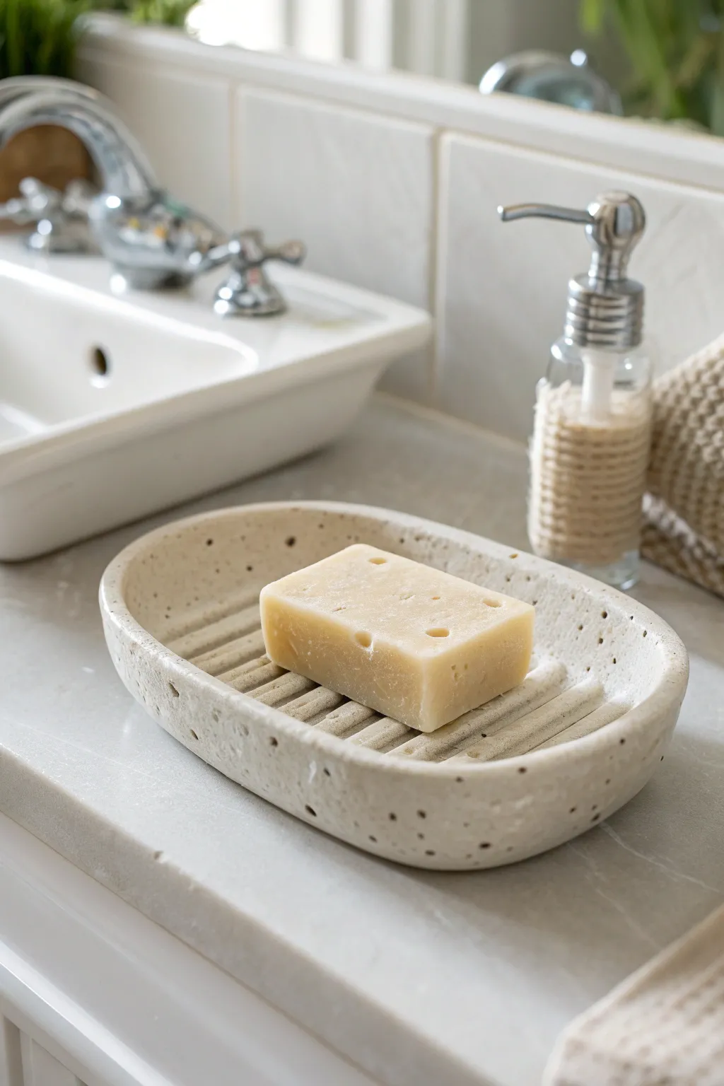Minimal handmade clay soap dish with drainage ridges, keeping your sink clean and calm.