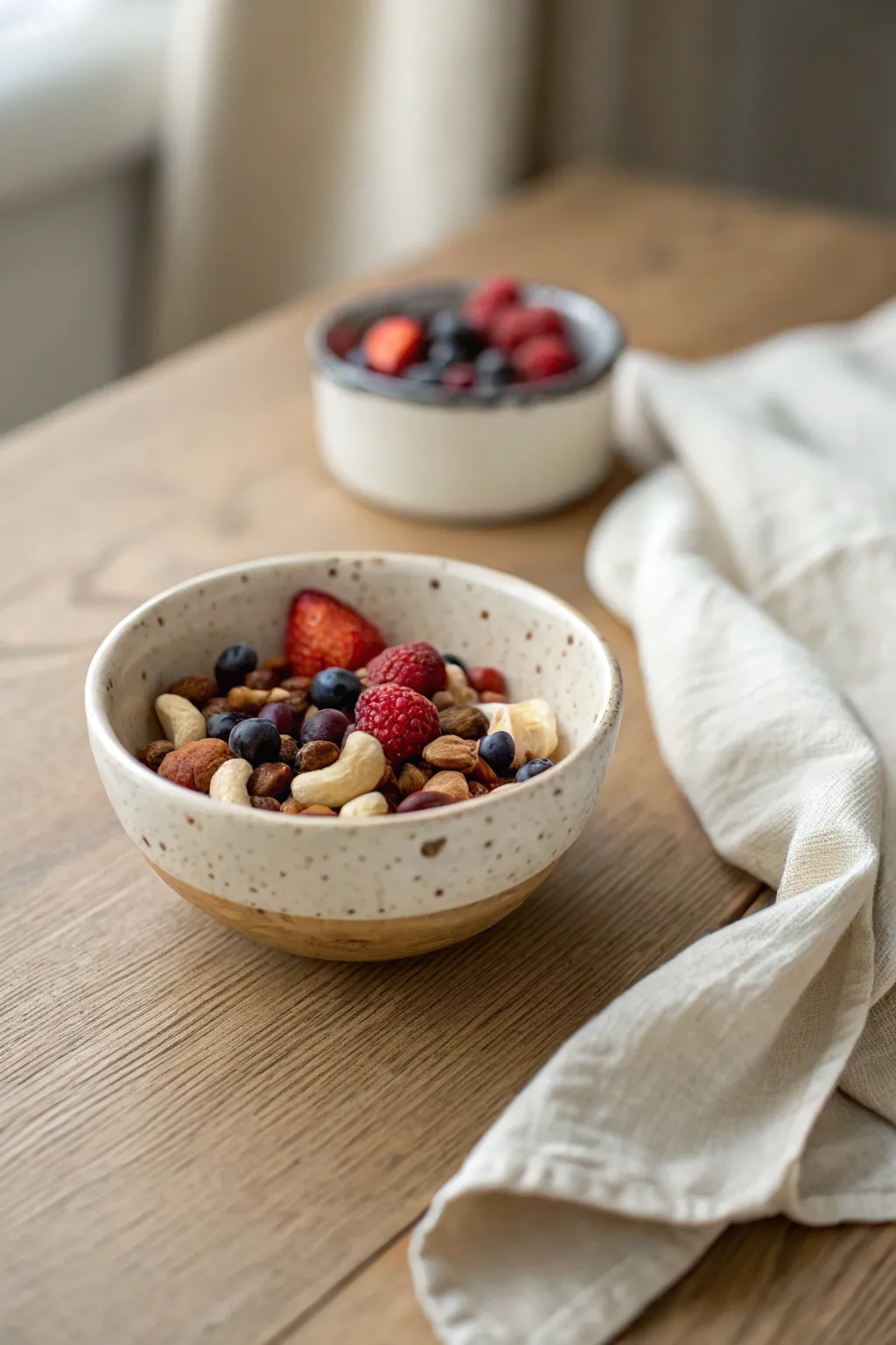 Cozy pinch-pot snack bowl with matte glaze, nuts and berries, perfect for everyday grazing.