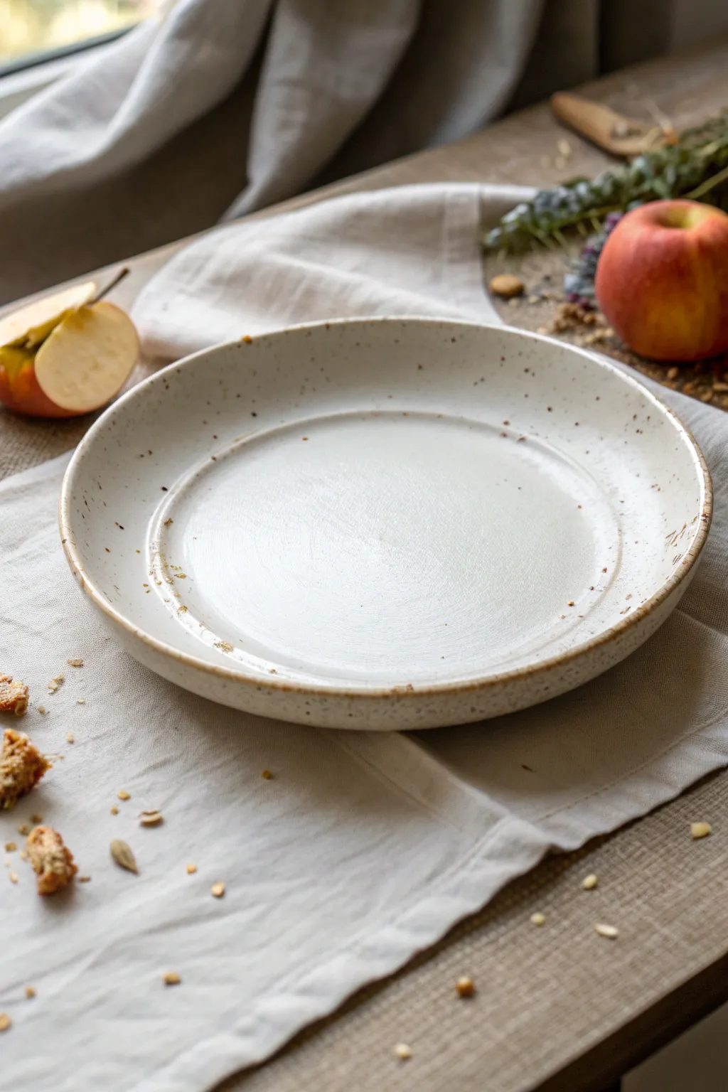A cheeky fake-bite plate that looks accidentally nibbled, styled with crumbs for minimalist charm.