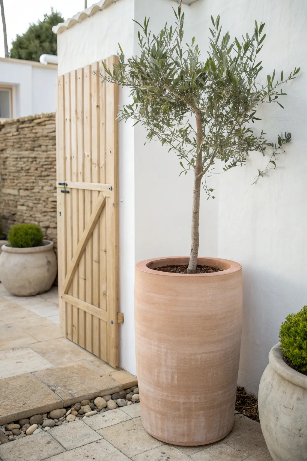Tall cylinder planter adds instant height and a modern, welcoming garden entrance vibe.