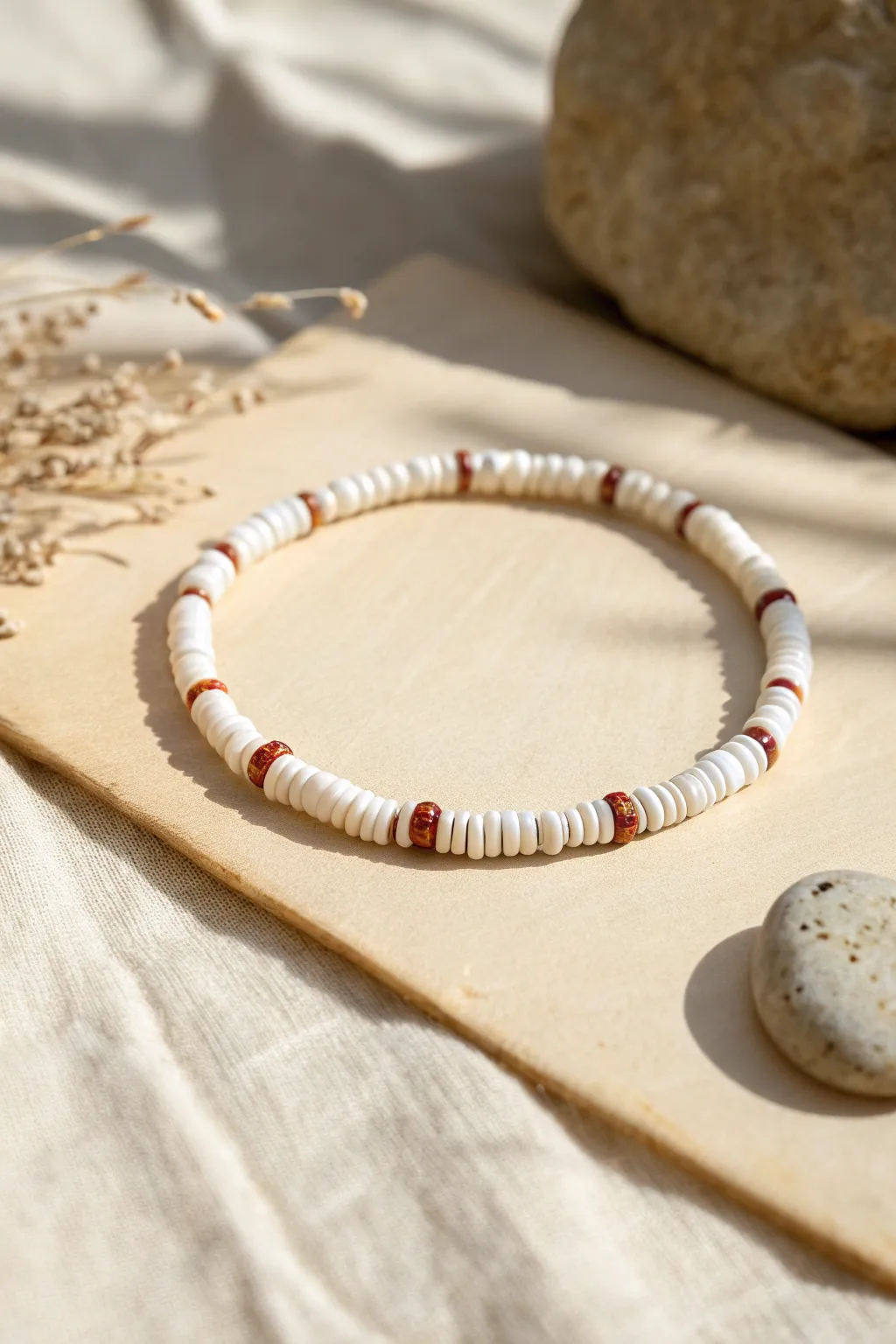 All-white clay heishi bracelet with tiny terracotta accents, minimal and sweet for girls