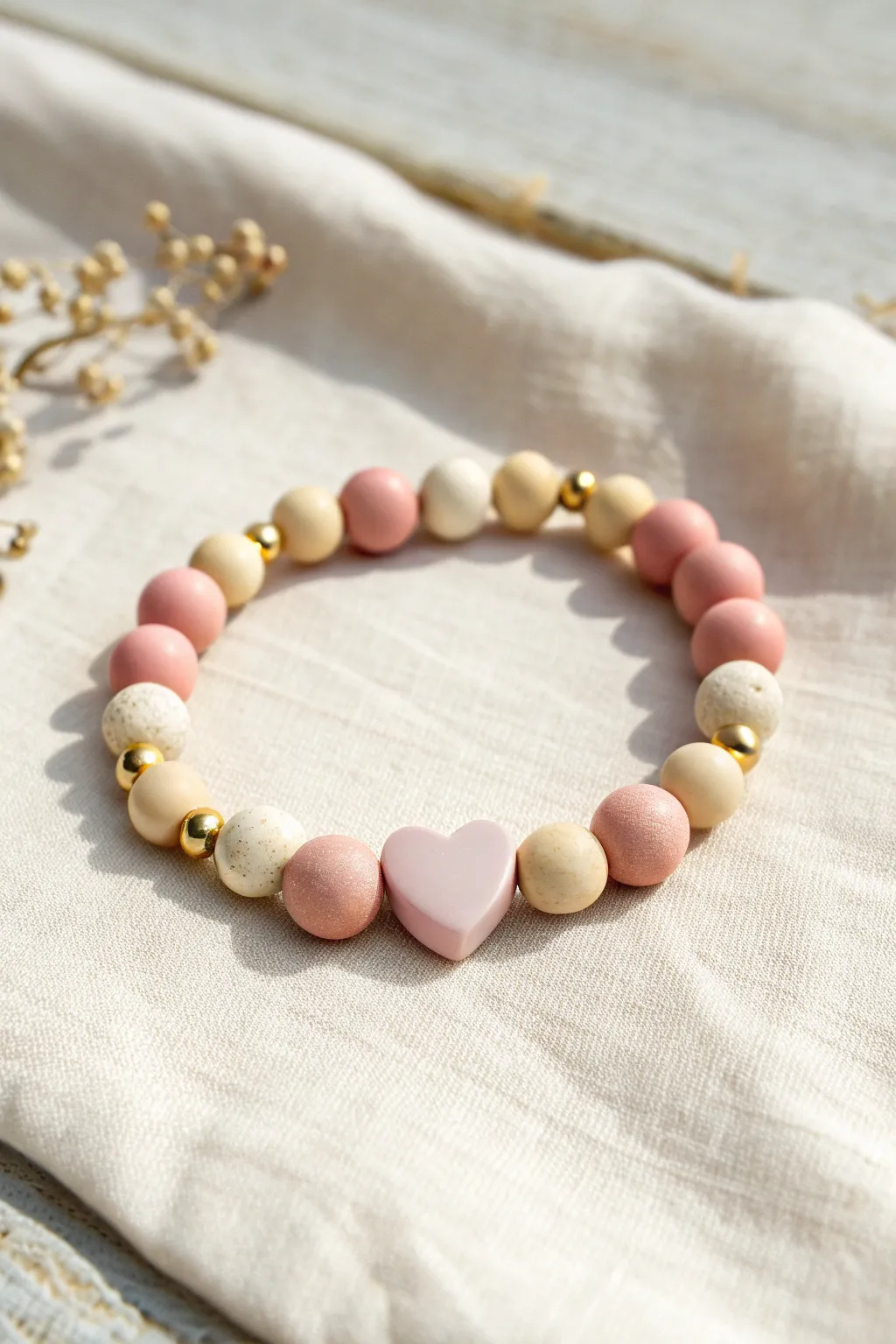 Sweet heart centerpiece clay bead bracelet with gold accents, minimalist and boho-ready.